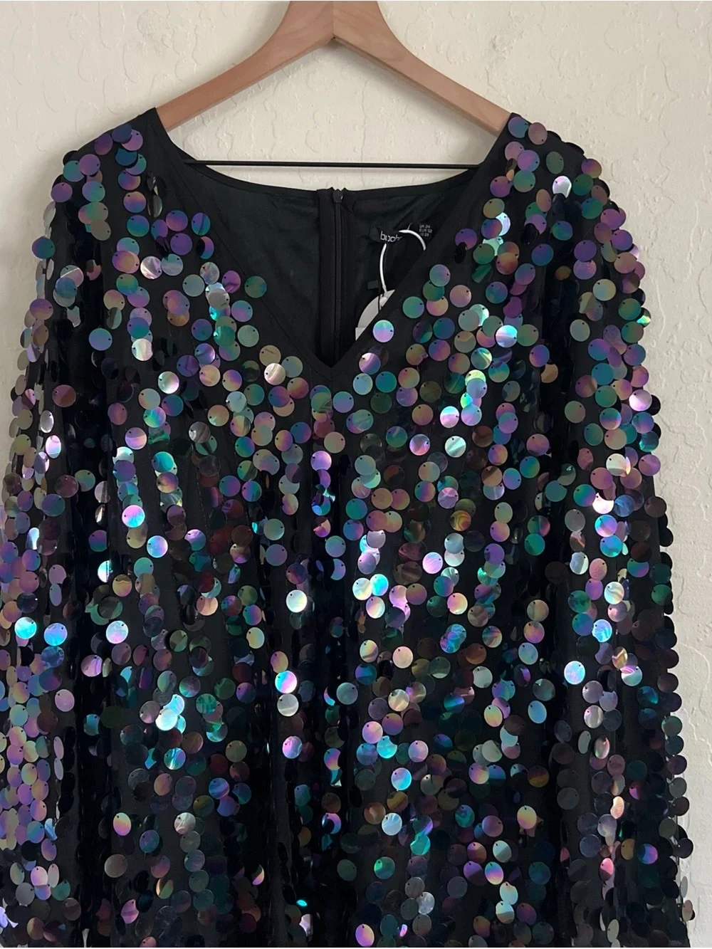 Boohoo Long Sleeve V-Neck Sequin Shift Dress US 20 Iridescent Disco Ball Party